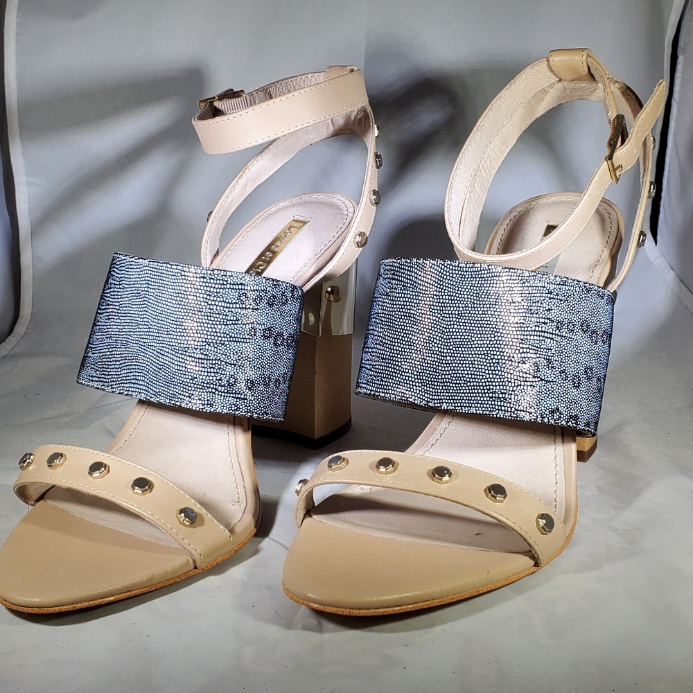 Beige and blue reptile print sandals with gold embellishment